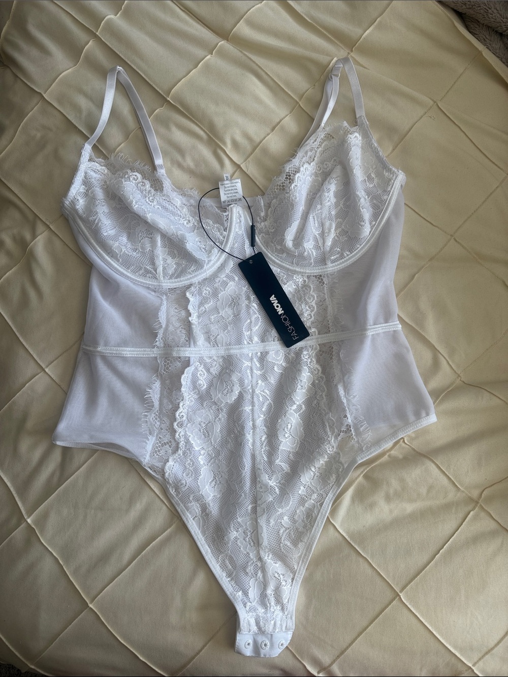 Fashion Nova White Lace Sheer Underwire Bodysuit